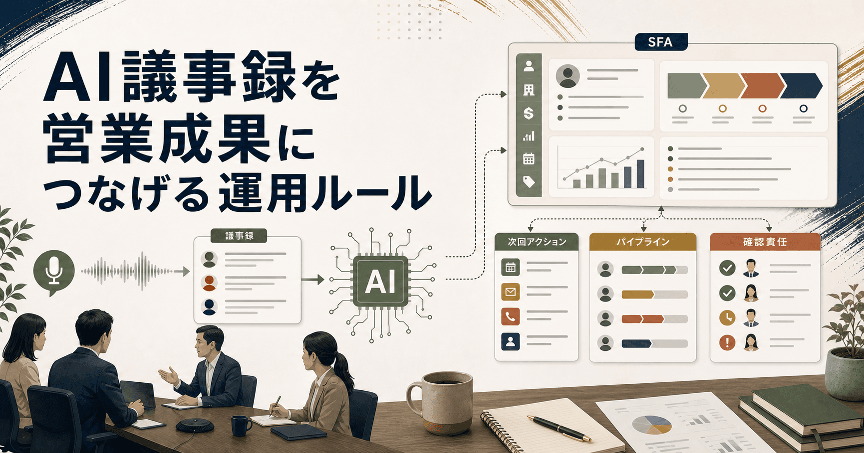 AI議事録の内容を営業成果へ接続するワークフローのイメージ