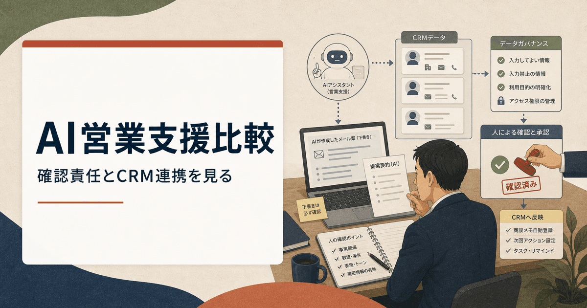 AI営業支援ツールの出力確認、CRM連携、データガバナンスを比較するイメージ