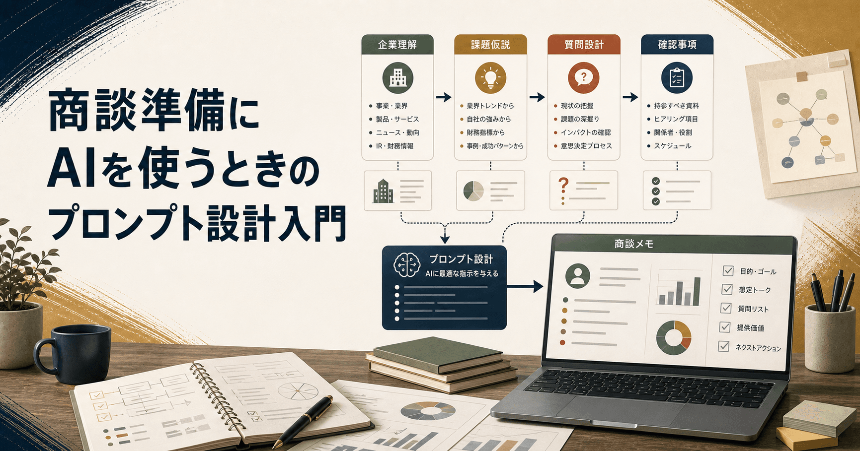 商談準備のプロンプト設計を整理する営業担当者のイメージ