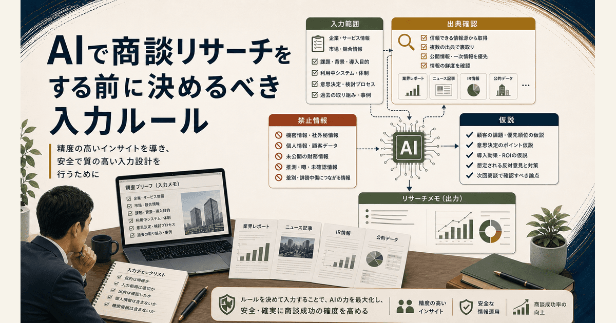 営業担当者がAI商談リサーチの入力ルールを確認するイメージ