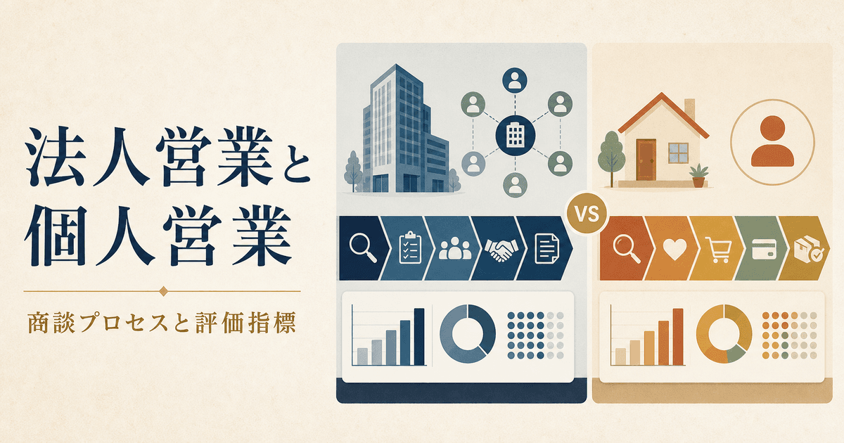 法人営業と個人営業の商談プロセスを比較するイメージ