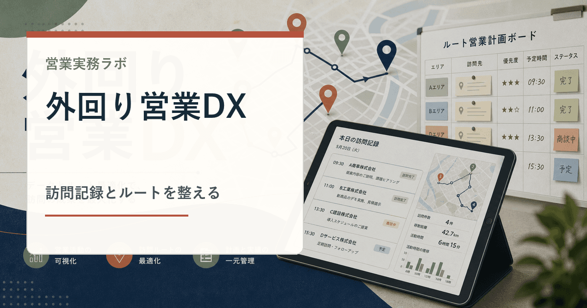 地図上の訪問ルートと顧客ピンを確認する外回り営業のイメージ