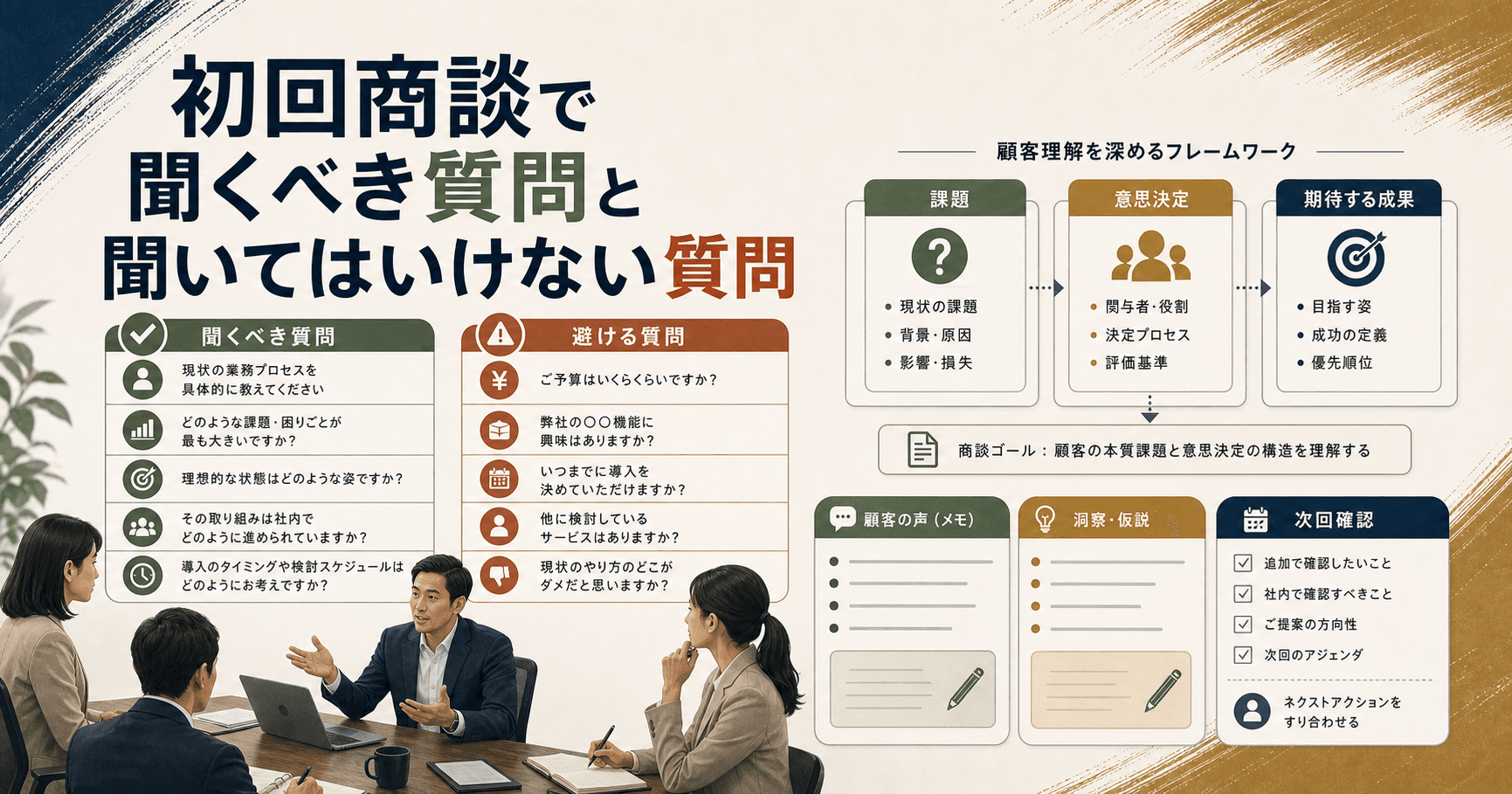 初回商談の質問設計をノートに整理する営業担当者のイメージ