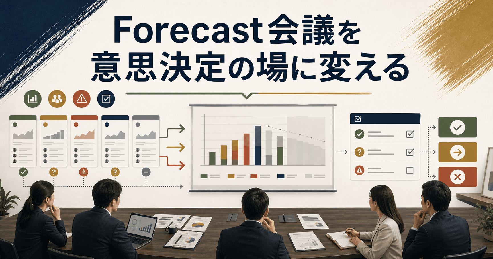 Forecast会議で案件根拠と次アクションを確認するイメージ
