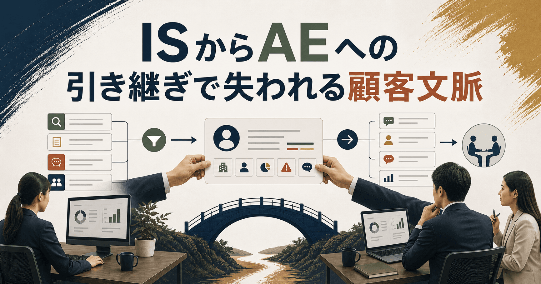 ISとAEが顧客文脈の引き継ぎ内容を確認するイメージ