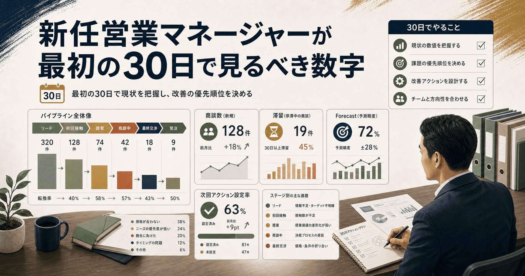 営業マネージャーがダッシュボードで初月指標を確認するイメージ