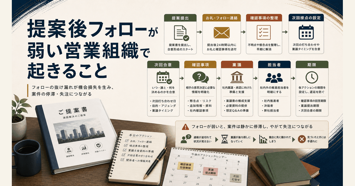 提案後フォローの論点と次回アクションを整理するイメージ