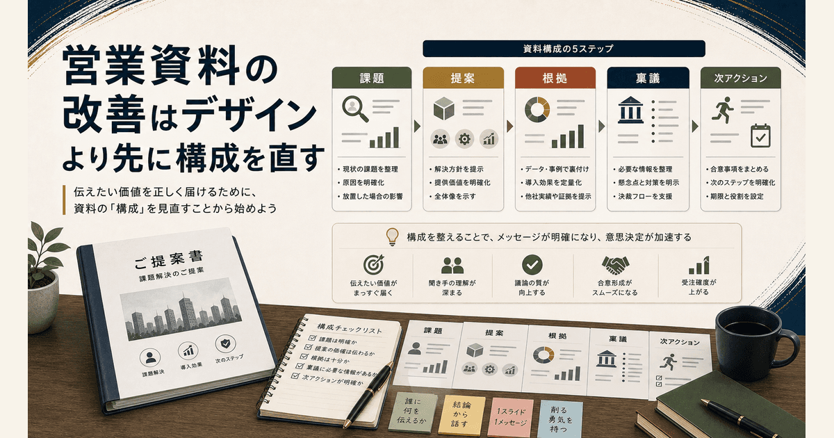 営業資料の構成と稟議材料を整理するイメージ
