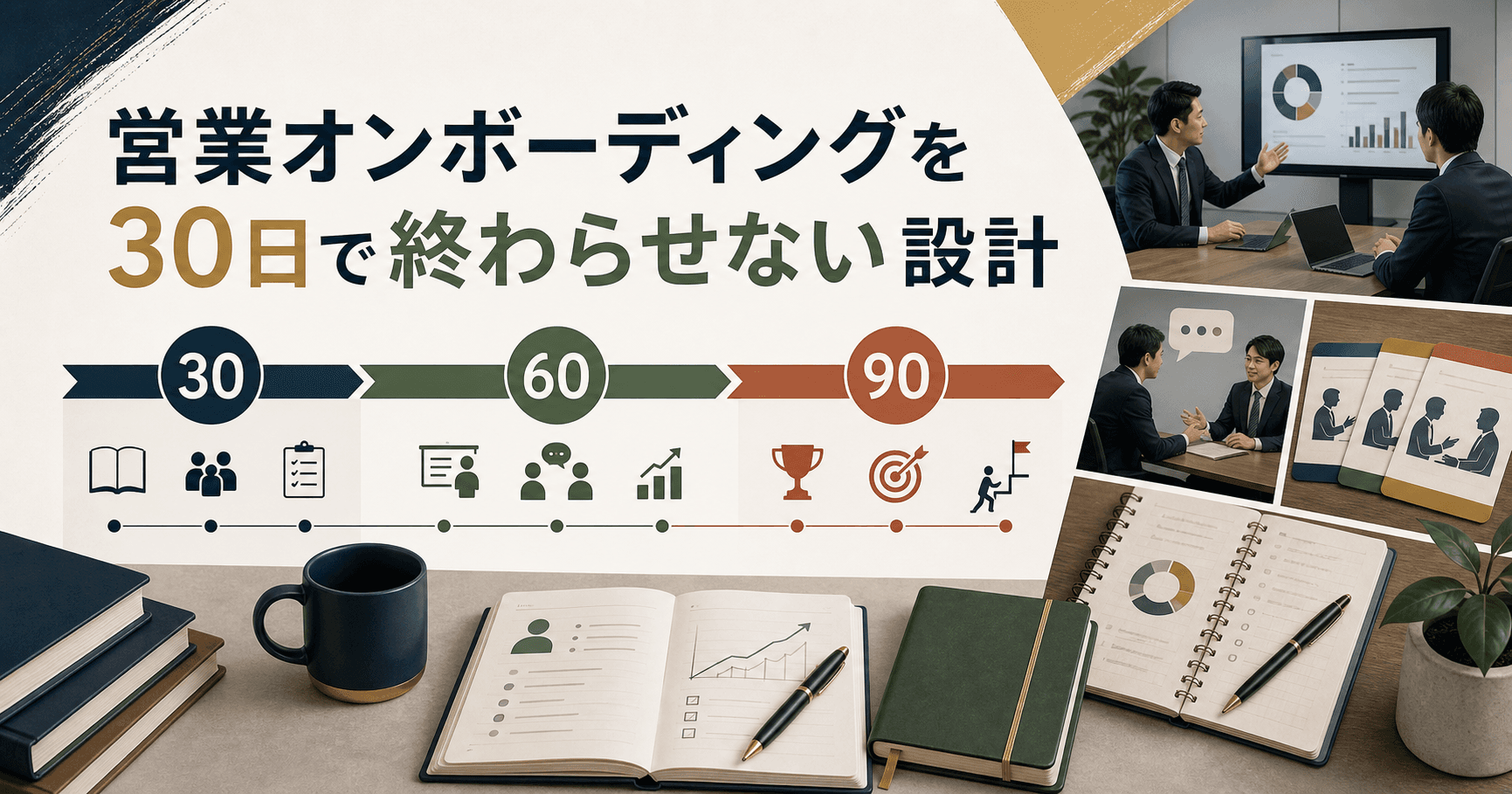 営業オンボーディングの30日60日90日計画を確認するイメージ