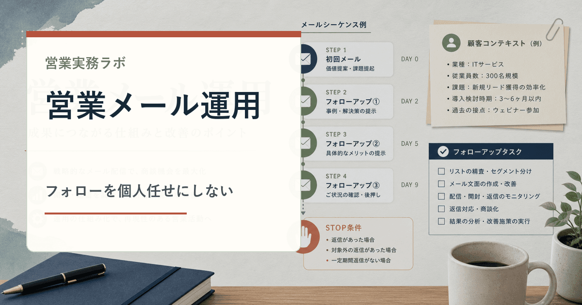 営業メールのシーケンスとフォロータスクを整理するイメージ
