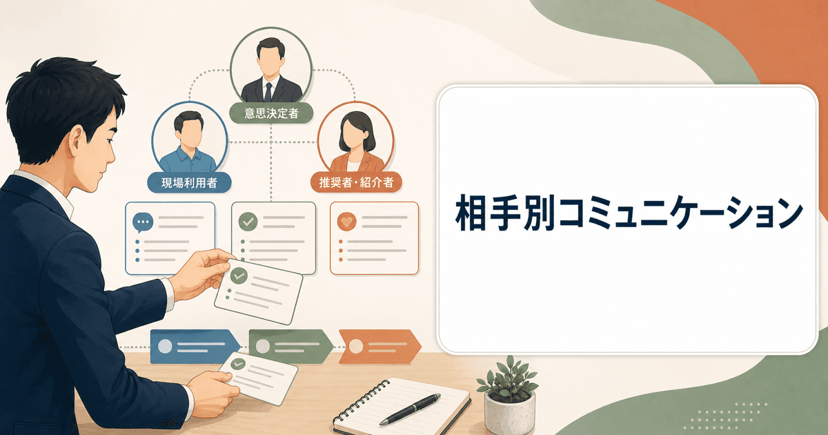 決裁者、現場担当、紹介者ごとの論点を整理するイメージ